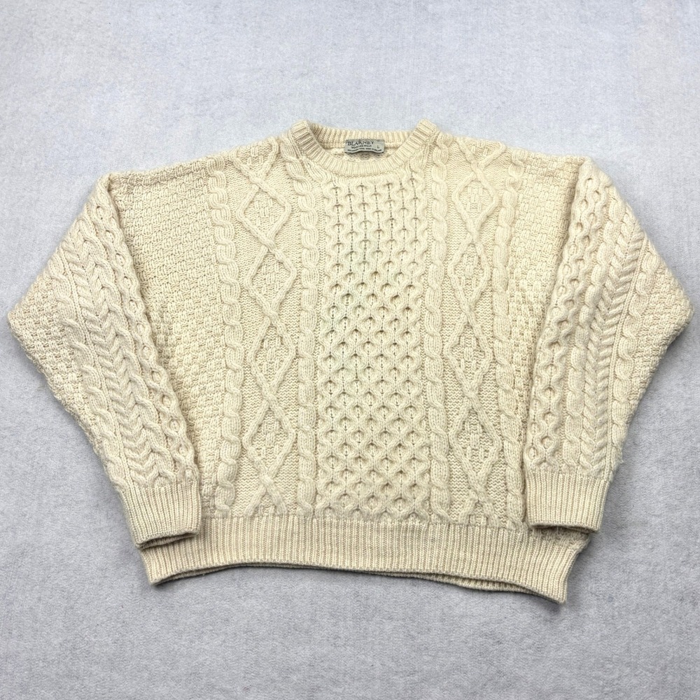 Blarney Woollen Mills Sweater Mens Large Cream Merino Wool Aran Cable Ireland L